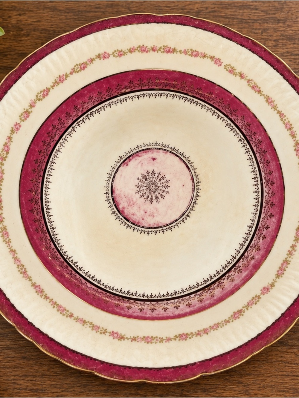 Antique Crown Potteries Pink Rose Serving Plate 11” Gold Trim C.P. Co.